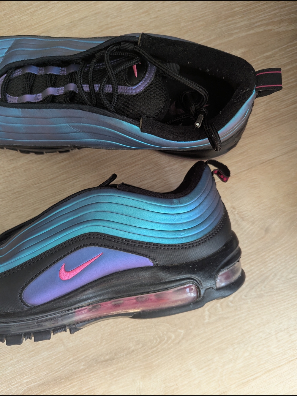 Nike Air Max 97 Iridescent Blue-Teal with Pink Swoosh